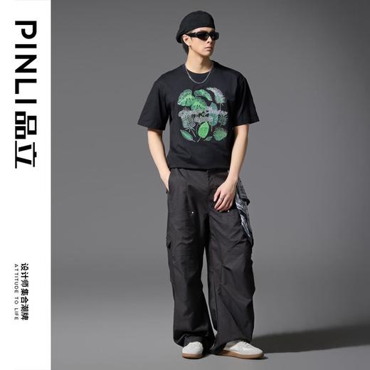 PINLI品立2025春夏新款树叶烫钻短袖T恤男士潮牌纯棉休闲百搭上衣BG252111006 商品图1