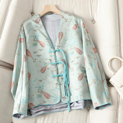 丁摩 春夏季重磅真丝宋锦v领外套 优雅高级感宽松桑蚕丝上衣 5ZF-4189G 商品图2