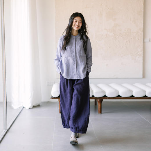 绽放旅行女装039朵/早春新款士林色织亚麻小衫立领文艺大口袋衬衫 商品图0