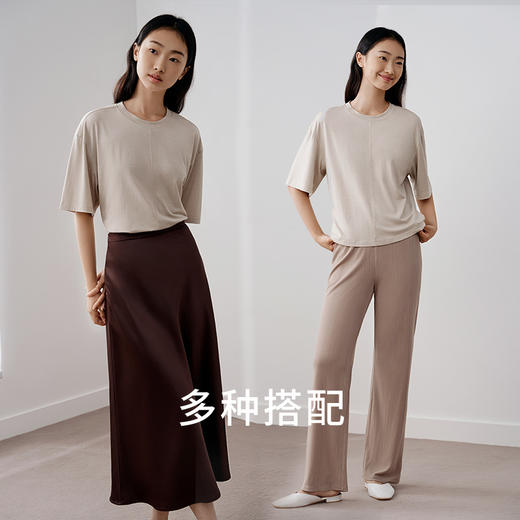 金三塔桑蚕丝小衫女透气舒适圆领简约宽松落肩短袖温柔通勤T恤新品  YZFFA702 商品图3