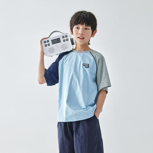 蓝汽水25年春季撞色插肩短袖男童速干凉感UPF50+防晒抗菌拼接T恤 商品图4