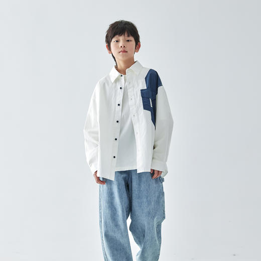 蓝汽水25年春季撞色拼接长袖衬衫男童全棉质感宽松休闲设计感衬衣 商品图1