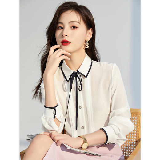 丁摩 真丝衬衫女春夏蝴蝶系带OL气质长袖18姆米双绉100%桑蚕丝上衣5ZF-194 商品图0