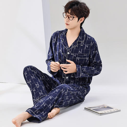 【春夏季男睡衣】人造棉男士睡衣春夏季新款长袖长裤套装棉绸家居服休闲开衫睡衣。ry 商品图5