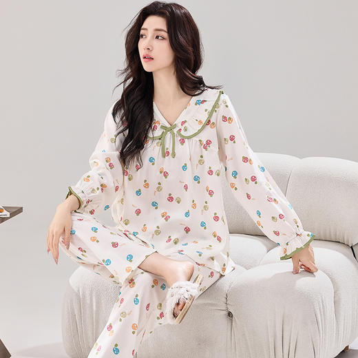 【花瓣小V领系列睡衣！清新大气绵绸套装】春夏新款睡衣女士长袖长裤40支全人棉绸套装花瓣V领品质家居服。ry 商品图8