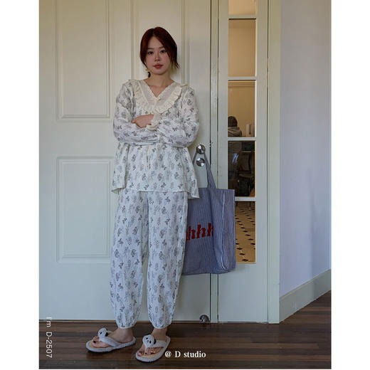 【柔软棉纱】2025春夏新款素雅小时光家居服女蕾丝棉纱裙慵懒无拘束长袖睡衣套装连衣裙 商品图8