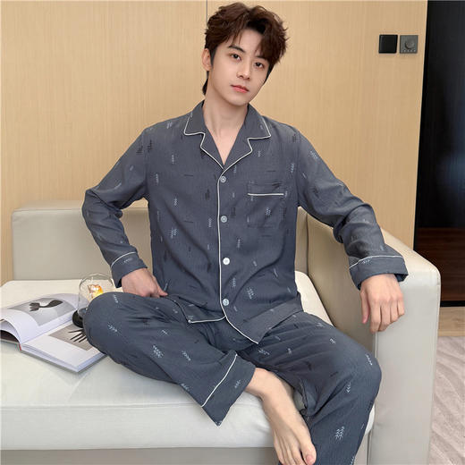 【舒适柔软！慵懒居家】新款春秋季男士长袖翻领睡衣开衫云朵棉夏季家居服加大码休闲套装。ry 商品图7