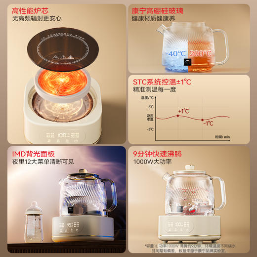 【康宁二代养生壶】升级1000瓦，一壶多用，12大菜单功能齐全，壶体是高硼硅全玻璃材质，0涂层0金属，喝水更安心~【3-5天左右发货】 商品图3