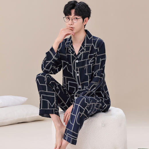 【春夏季男睡衣】人造棉男士睡衣春夏季新款长袖长裤套装棉绸家居服休闲开衫睡衣。ry 商品图4