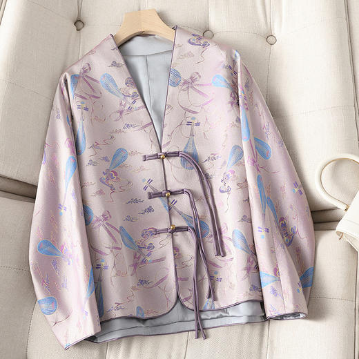 丁摩 春夏季重磅真丝宋锦v领外套 优雅高级感宽松桑蚕丝上衣 5ZF-4189G 商品图0