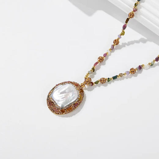 雀说 天然碧玺石淡水巴洛克珍珠项链女秋冬长毛衣链百搭高级感吊坠饰品5ZF-610 商品图0