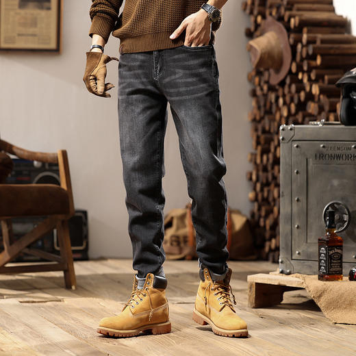 【DYG】大依优型大码男装春秋新款品质水洗小直筒修身牛仔裤男美式潮牌黑色牛仔裤 商品图0