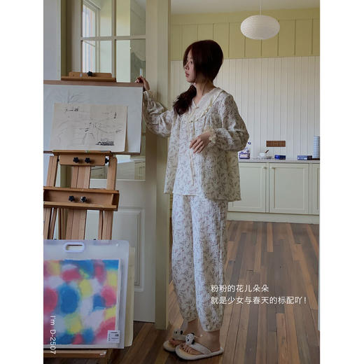 【柔软棉纱】2025春夏新款素雅小时光家居服女蕾丝棉纱裙慵懒无拘束长袖睡衣套装连衣裙 商品图10