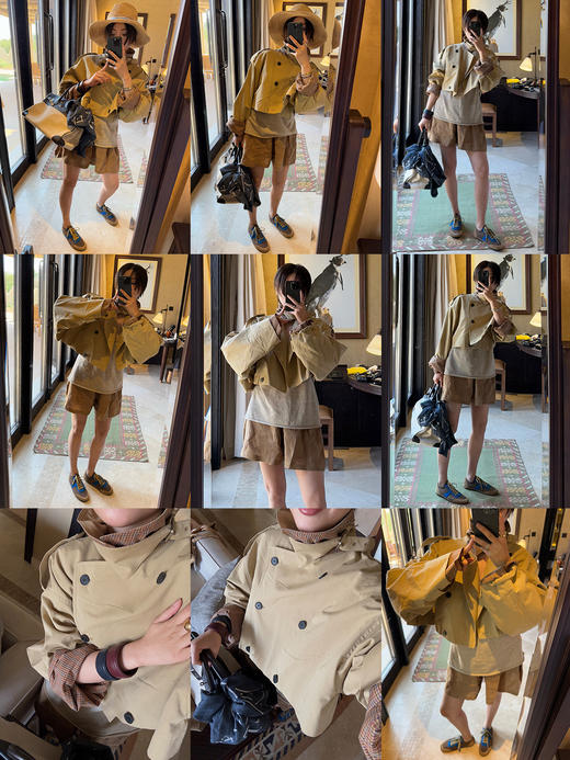 HIDEMI超重工极简翻领设计感格纹拼接军装风短款风衣 商品图1