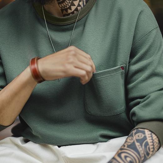 工装优选 美式休闲华夫格口袋T恤圆领套头卫衣宽松长袖上衣男春季 商品图4