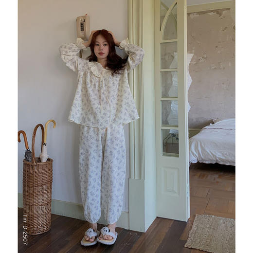 【柔软棉纱】2025春夏新款素雅小时光家居服女蕾丝棉纱裙慵懒无拘束长袖睡衣套装连衣裙 商品图7