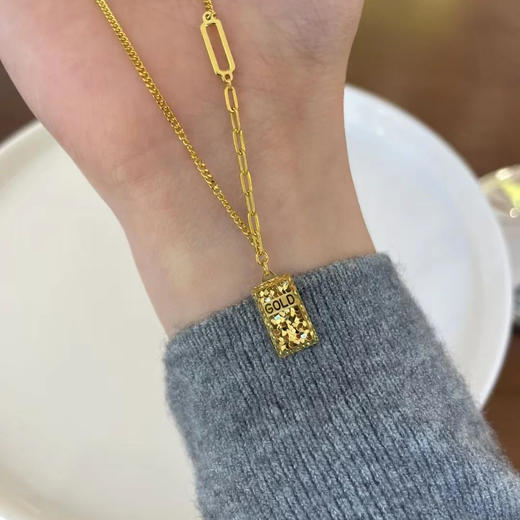 沙金爆闪碎冰暴富小金砖项链女铜镀金时尚小金条吊坠高级感锁骨链 商品图1