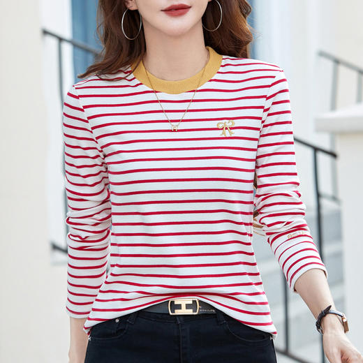 百媚生 棉质条纹针织衫女蝴蝶刺绣上衣482 商品图6