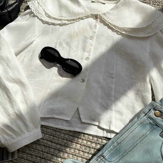 顺丰包邮洛诗琳14910春季新款法式亚麻设计感花边翻领上衣839 商品图4