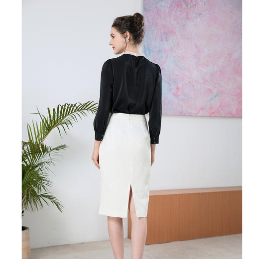 司歌弹力缎面拼接蕾丝长袖上衣女T901175X 商品图3