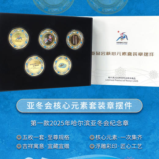 【经典】哈尔滨亚冬会2025年纪念章5枚套装摆件  第九届第一款亚冬会核心元素冰雪共舞吉祥物 商品图1