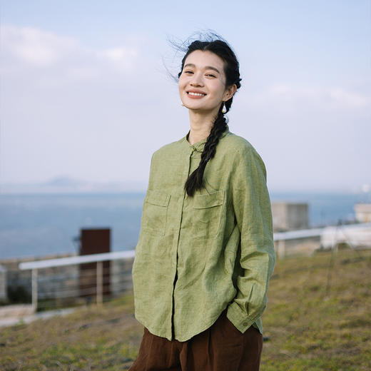 绽放旅行女装039朵/早春新款士林色织亚麻小衫立领文艺大口袋衬衫 商品图3