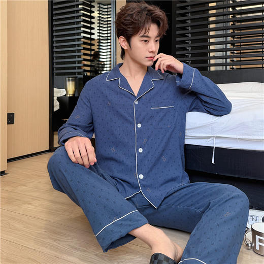 【舒适柔软！慵懒居家】新款春秋季男士长袖翻领睡衣开衫云朵棉夏季家居服加大码休闲套装。ry 商品图4