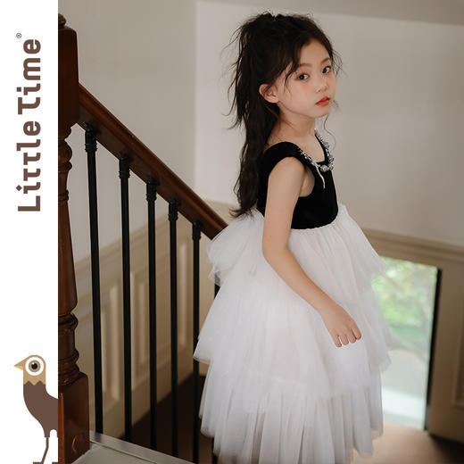 Littletime女童黑色长拖尾礼服套装裙2025新款夏装女孩赫本魔术珠 商品图4