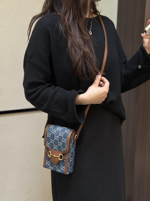 正品二手 Gucci 1955 丹宁拼皮 手机包 商品图0