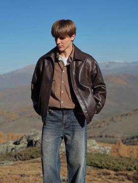 Evistub/E-4DWT902/机车复古廓形美式翻领皮衣夹克