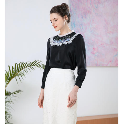 司歌弹力缎面拼接蕾丝长袖上衣女T901175X 商品图2