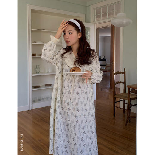 【柔软棉纱】2025春夏新款素雅小时光家居服女蕾丝棉纱裙慵懒无拘束长袖睡衣套装连衣裙 商品图4