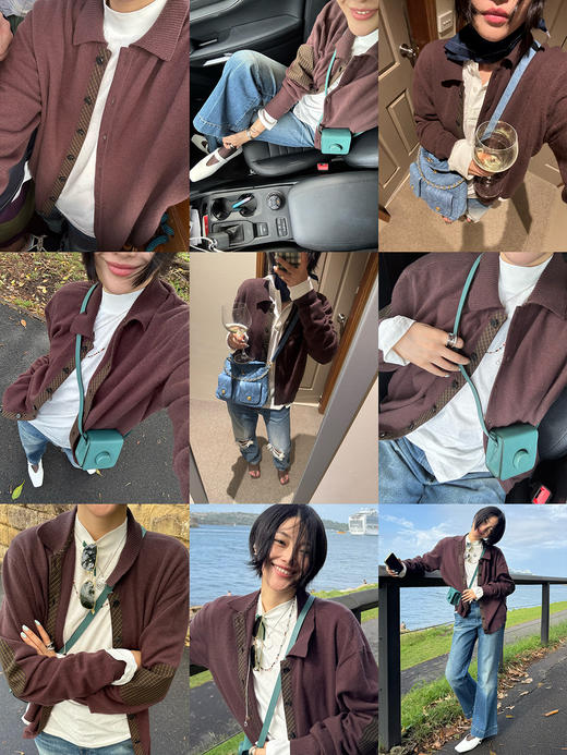 HIDEMI美利奴羊毛巧克力色拼接格纹设计感拼接纽扣圆领开衫毛衣 商品图1