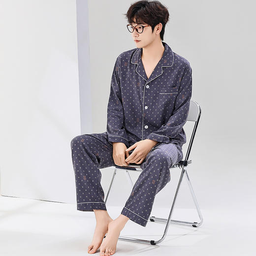 【春夏季男睡衣】人造棉男士睡衣春夏季新款长袖长裤套装棉绸家居服休闲开衫睡衣。ry 商品图9
