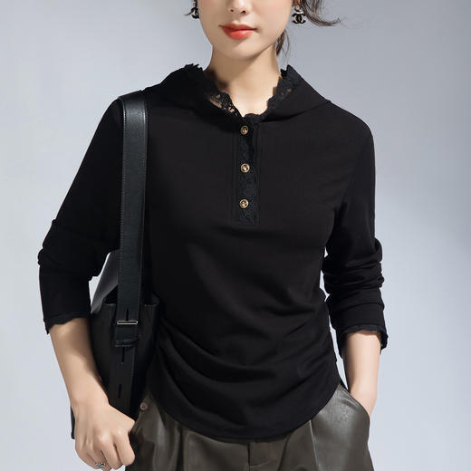 丁摩 春秋季长袖休闲设计感小众黑色气质蕾丝边连帽t恤女士上衣女5ZF-21701 商品图3