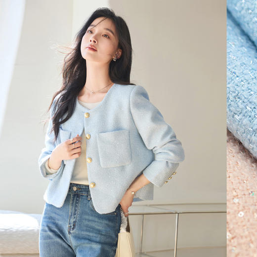 VICTORIA&VERA女装春季“气质名媛”小香风单排扣口袋亮闪显瘦圆领短款外套 商品图1