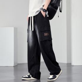 【DYF】大依优型大码男装松紧腰直筒牛仔裤宽松运动休闲风潮流男士胖子长裤