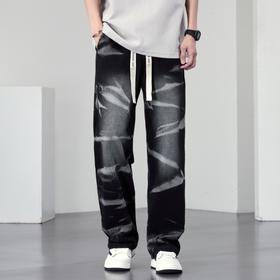 【DYF】大依优型大码男装松紧腰直筒牛仔裤宽松运动休闲风潮流男士胖子长裤