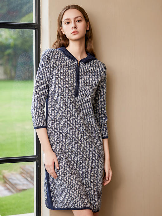 【连帽印花针织连衣裙】25年春夏新品女士100%羊毛衫中长款裙子 商品图1