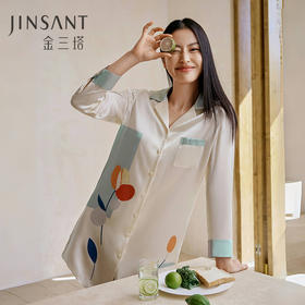 金三塔100%桑蚕丝宽松舒适真丝印花睡裙女简约衬衫裙睡衣家居服  YSFFA308