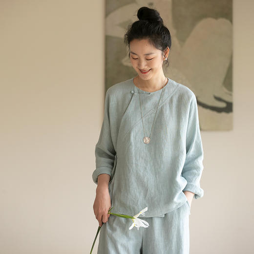 牧衣游原创 佰分佰细软汉麻净色短外套新款斜襟复古文艺开衫 花竹 商品图0