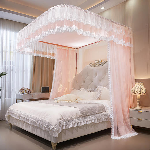 自然醒公主风纹帐U型轨道蚊帐家用双人导轨婚庆滑轨三开门加密伸缩2506HH 商品图1