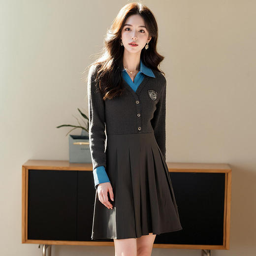 奢姿2025年春季新款大码女装千金风百褶裙子胖妹妹假两件连衣裙9951855747 商品图3