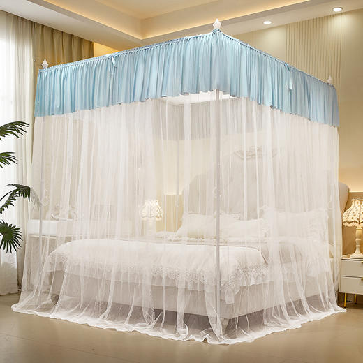 自然醒蚊帐家用卧室宫廷落地蚊帐三开门不锈钢四立柱防蚊防尘遮光顶家用清新2505HH 商品图3