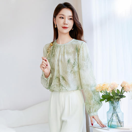 QS-12599688春夏新款桑蚕丝印花圆领T恤女减龄真丝打底衬衫12599688 商品图3