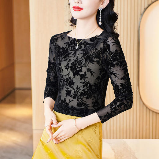 TZW-2025春季新款网纱印花内搭外穿打底衫修身显瘦圆领T恤 商品图2