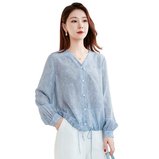 QS-22599658春夏新款真丝V领衬衫桑蚕丝双绉长袖通勤衬衣女22599658 商品图4