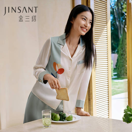 100%桑蚕丝宽松舒适真丝睡衣女简约衬衫式印花家居服衣裤套金三塔  YSFFA209 商品图0