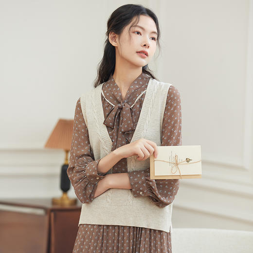 Famecoco范可儿羊毛无袖马甲背心女士秋款V领开叉叠穿套头马夹F225CA017 商品图2