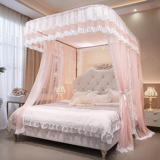 自然醒公主风纹帐U型轨道蚊帐家用双人导轨婚庆滑轨三开门加密伸缩2506HH 商品图3